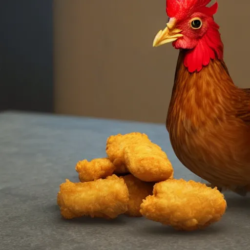 Prompt: photorealistic chicken that is eating chicken nuggets. hyperdetailed photorealism, 1 0 8 megapixels, amazing depth, glowing rich colors, powerful imagery, 3 d finalrender, 3 d shading, cinematic lighting, artstation concept art