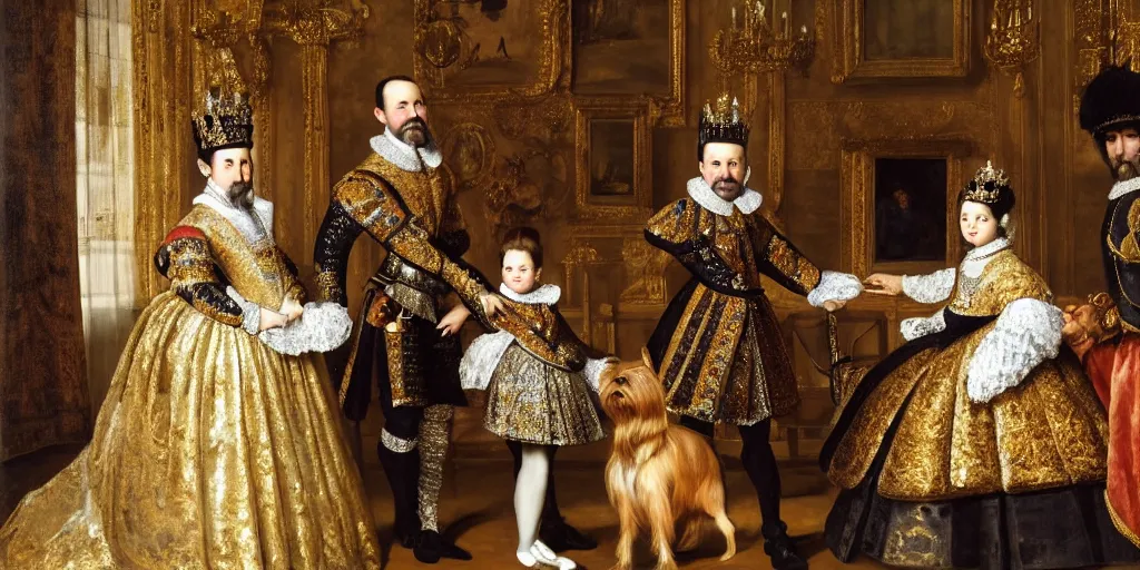 Prompt: A Spanish King with his queen and one young daughter, inside the morning room of their palace, a Yorkshire Terrier is at the arms of the king, very detailed, intricate, smooth, 8 k masterpiece, as painted by Velasquez