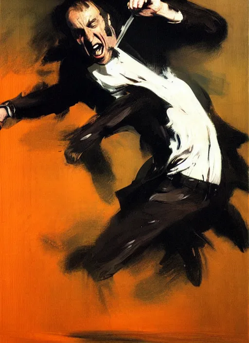 Prompt: saul goodman, screaming, painting by phil hale, francisco goya,'action lines '!!!, graphic style, visible brushstrokes, motion blur, blurry