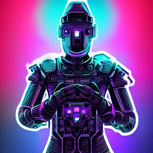 Image similar to a cybernetic warrior, cyberpunk, vapor wave