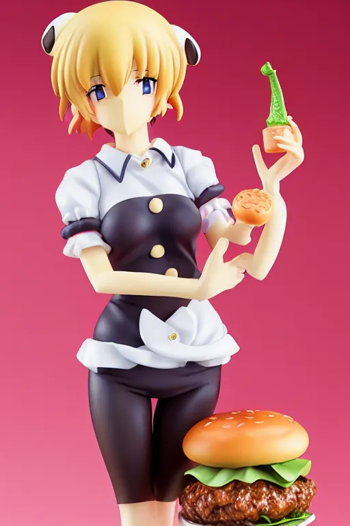 Prompt: figurine of hamburger wearing an elegant summer blouse, personification, official store photo, commercial photo, featured on amiami, lovecraftian, 8 k, 8 5 mm, beautiful composition