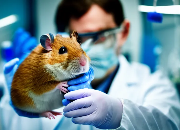 Image similar to film still of a hamster working in a research lab finding the cure for cancer, 8 k