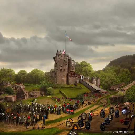 Prompt: a large army camped around a medieval castle, trebuchet and other artillery at the ready, 1200s, English country side, cloudy and rainy, trending on artstation