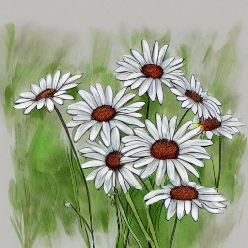 Image similar to a perfect, realistic professional digital sketch of daisies, by pen and watercolor, by a professional Chinese Korean artist on ArtStation, on high-quality paper