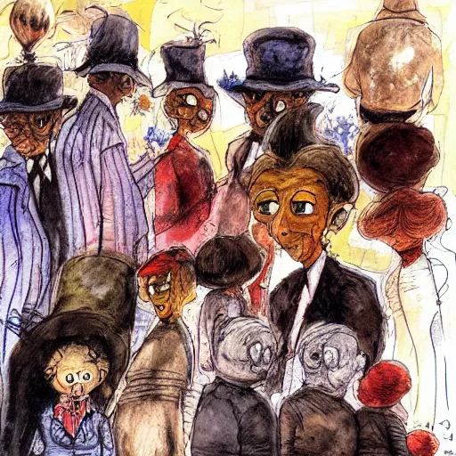 Prompt: A beautiful painting of a group of people waiting in line to vote. burnt umber by Sam Kieth magnificent