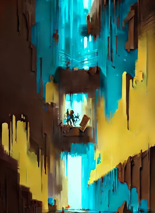 Image similar to matte painting extreme offset 3 d calligraphy graffiti mural dripping paint wall extreme maximalism by atey ghailan, by greg rutkowski, by greg tocchini, by james gilliard, by joe fenton, yellow, brown, black and cyan color scheme, octane render