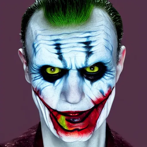 Image similar to close-up of Geiger\'s alien wearing the joker\'s make-up in the style of hr geiger