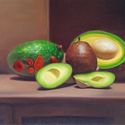 Prompt: Still life with sliced tomatoes and avocadoes, zero gravity, interior of space station, oil painting, high detail, photorealistic, trending