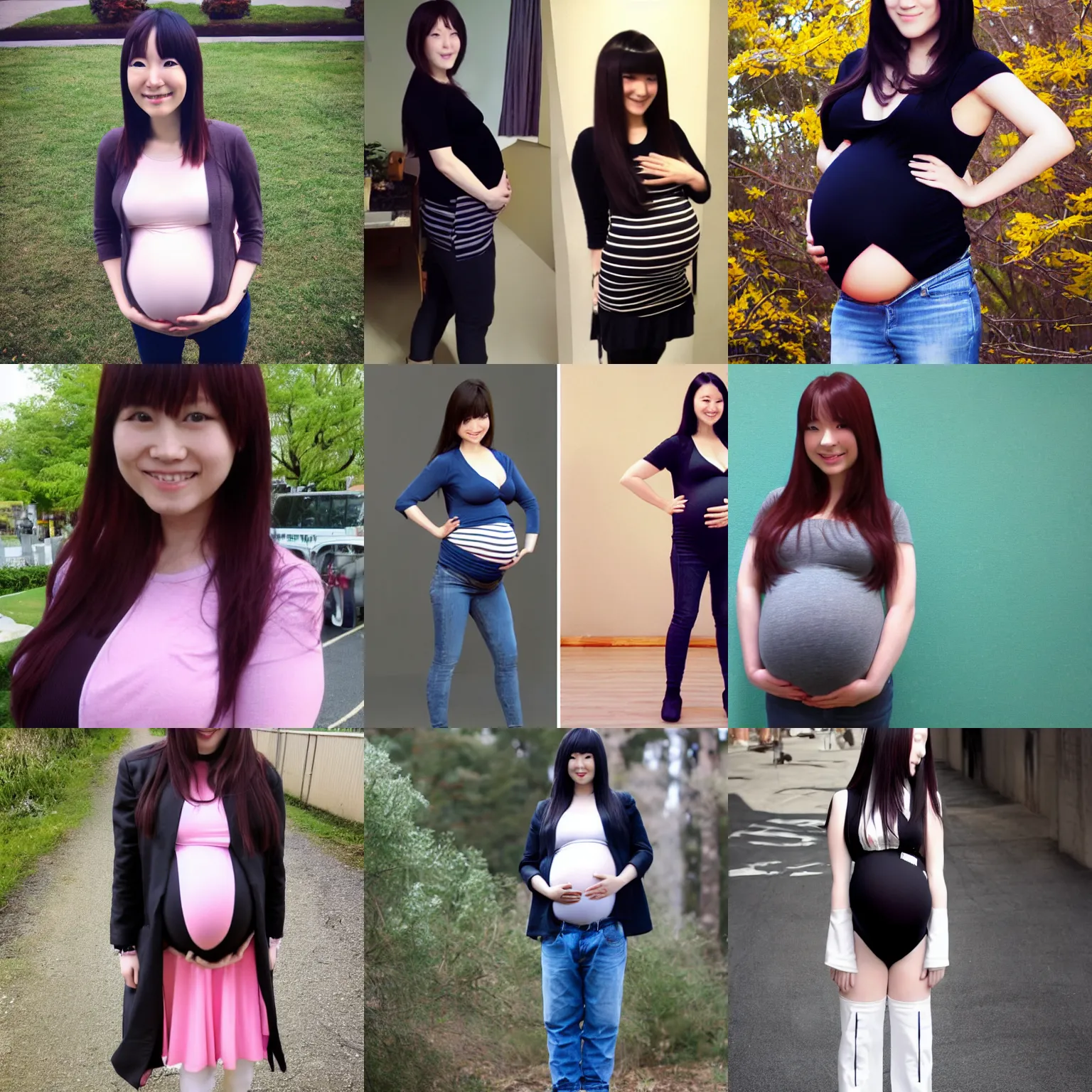 Prompt: iori yuki with biggest pregnancy ever, fully clothed, standing sideways, full body view, realistic, smiling