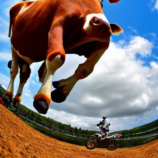 Prompt: a cow on a motocross track, fisheye lens