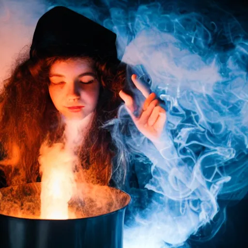 Image similar to teen witch mixing a spell in a cauldron, wispy smoke, studio lighting