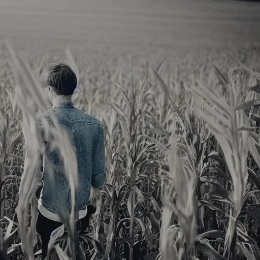 Image similar to revolog volvox photograph of a skinny blonde guy standing in a cornfield, flower crown, back view, grain, moody lighting, telephoto, 9 0 s vibe, blurry background, vaporwave colors!, faded!,