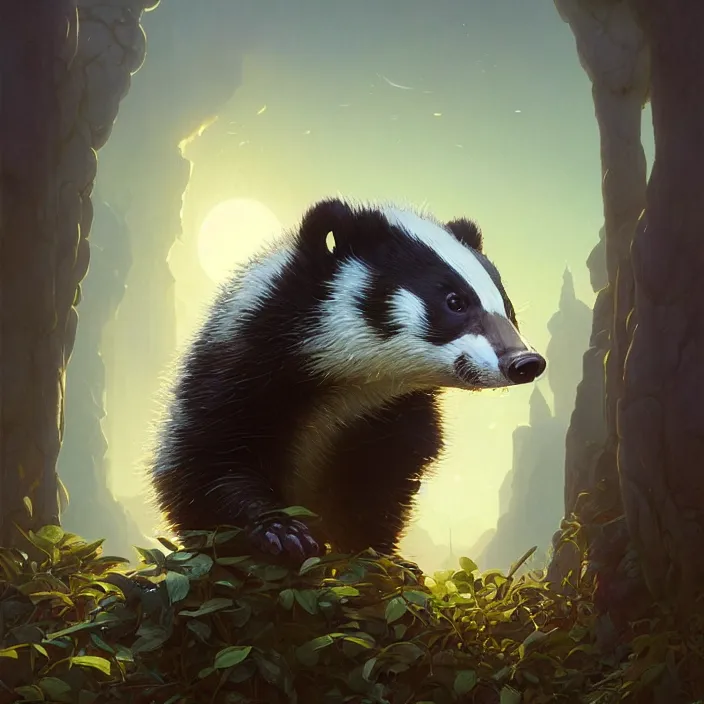 Image similar to highly detailed portrait of a cute badger, unreal engine, fantasy art by greg rutkowski, loish, rhads, ferdinand knab, makoto shinkai and lois van baarle, ilya kuvshinov, rossdraws, tom bagshaw, alphonse mucha, global illumination, radiant light, detailed and intricate environment