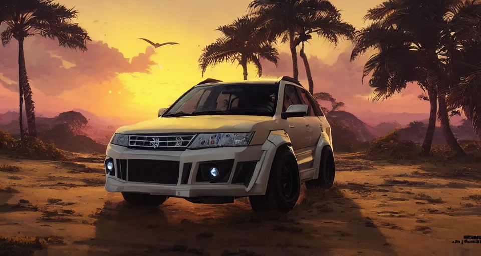 Prompt: highly detailed gran vitara modificated by hoonigan in gta v, sunset in ecuador, happy ambience, stephen bliss, unreal engine, fantasy art by greg rutkowski, loish, rhads, ferdinand knab, makoto shinkai and lois van baarle, ilya kuvshinov, rossdraws, tom bagshaw,