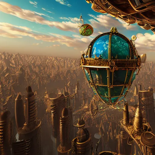 Image similar to enormous flying city in a faberge egg, sky background, steampunk, fantasy art, masterpiece, unreal engine