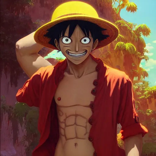 Image similar to highly detailed vfx portrait of monkey d. luffy, stephen bliss, greg rutkowski, loish, rhads, beeple, makoto shinkai, tom bagshaw, alphonse mucha, global illumination, sharp focus, art by artgerm and greg rutkowski, stanley kubrick, best of behance, cinematic lighting, detailed eyes,