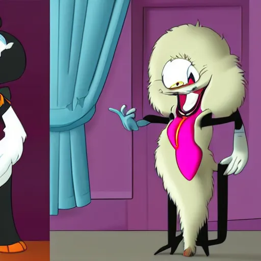 Prompt: in the style of animaniacs, anthropomorphic mink, female, white fur,