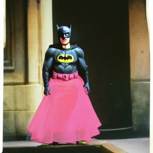 Prompt: photograph of batman wearing a flowing pink dress