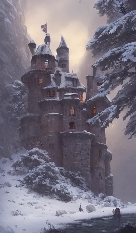 Image similar to a painting of a castle in the middle of a snowy mountain, a detailed matte painting by andreas rocha and greg rutkowski, featured on artstation, fantasy art, matte drawing, matte painting, artstation hq