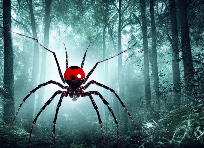 Image similar to white crystal clear spider with huge red eyes in a forest. highly detailed 8 k. intricate. lifelike. soft light. fantasy horror style. cinematic post - processing