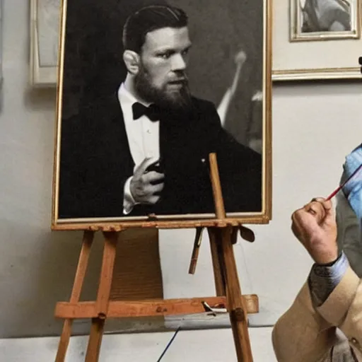 Image similar to mcgregor is dressed as a gentleman at early 2 0 th century paris. he is watching an easel. that easel has a canvas on it. ewan mcgregor has a brush on his hand. he is painting a painting. we can see his back. no background.