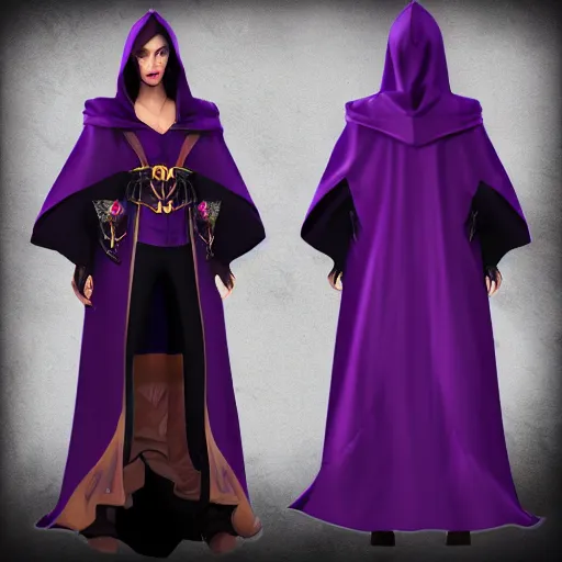 Image similar to female warlock long hood cloak purple, fighting dark evil monster from hell in magic world, 8 k, trending on artstation by tooth wu ”