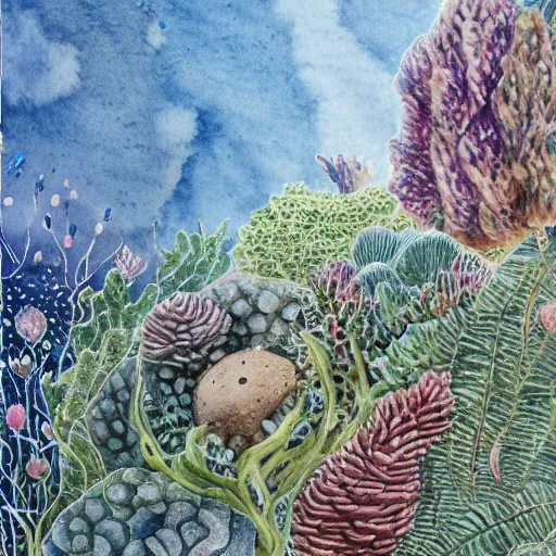 Image similar to delicate coast sea garden on paper, spirals, stony, puffy, vines, botanical herbarium, botanic watercolors, iridescent, 8 k wide angle, realistic shaded, fine details, artstation, italian, rainbow, colonnade, oak, pinecone, pomegranade, vines, gardena architecture, pompeian, sicilian