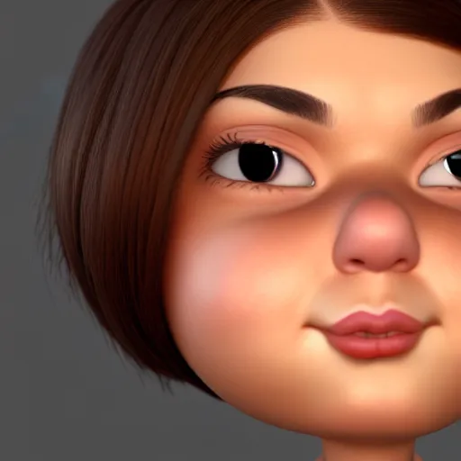 Prompt: A portrait of a chubby woman, a cute 3d cgi toon woman with brown hair in a Bob, brown eyes, olive skin, romanian heritage, medium shot, mid-shot, hyperdetailed, 8k, trending on artstation, as a Pixar character