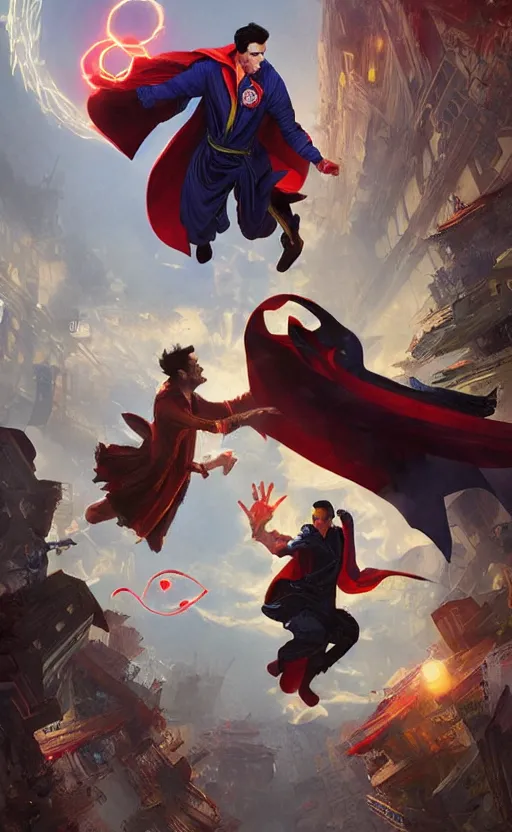 Image similar to the third first image on the scattered absurdity server, dr strange and dr seuss, very pretty, photorealistic, portal hopping and time warping with reckless abandon, by Greg rutkowski