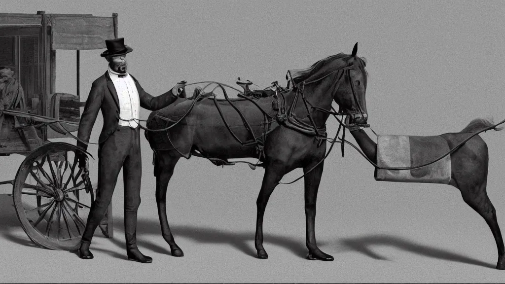 Prompt: horse drawn vacuum cleaner salesman, nineteenth century, photorealistic, rendered in octane