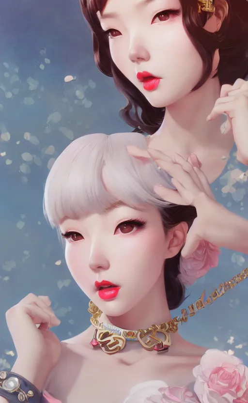 Image similar to a pin up and beautiful fashion charming dreamlke korea girl with lv jewelry, character art, art by artgerm lau and kyoung hwan kim and and ilya kuvshinov and john singer sargent, hyperdetailed, 8 k realistic, symmetrical, frostbite 3 engine, cryengine, dof, trending on artstation, digital art