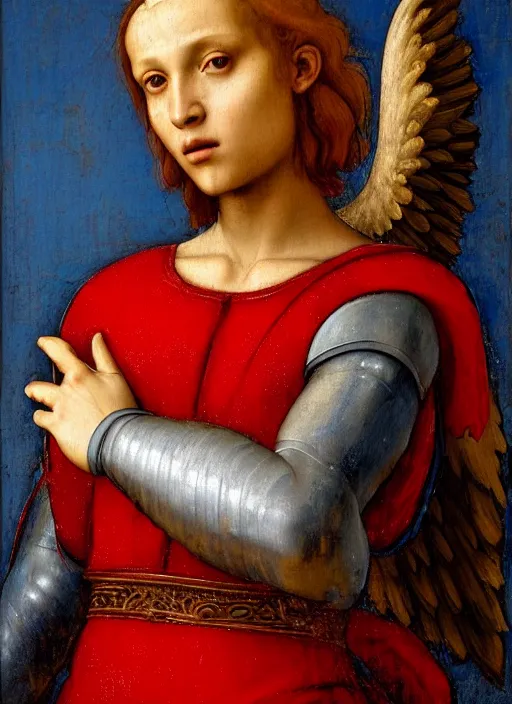 Prompt: a beautiful intricate renaissance painting portrait of a bulky short haired man angel aasimar paladin knight in an ornate completely red heavy armor with a shining heavenly sword and giant blue wings, by Raphael, Leonardo DaVinci, great masterpiece, award winning historic painting, dynamic composition, trending on artstation,4k, 8k