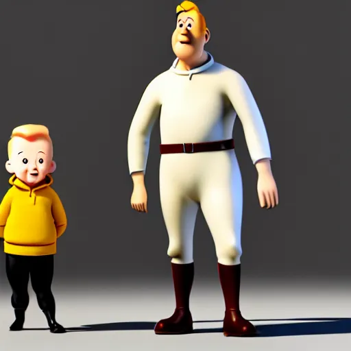 Prompt: tin tin and his white dog by herge, depicted as a pixar character, high quality cg render, 8 k