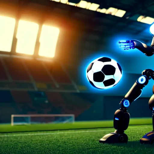 Image similar to a cyberpunk robot kicking a soccer ball in a soccer game, hyperrealistic, unreal engine, octane render, 3 d, 8 k, make it look like it was made by dall - e 2