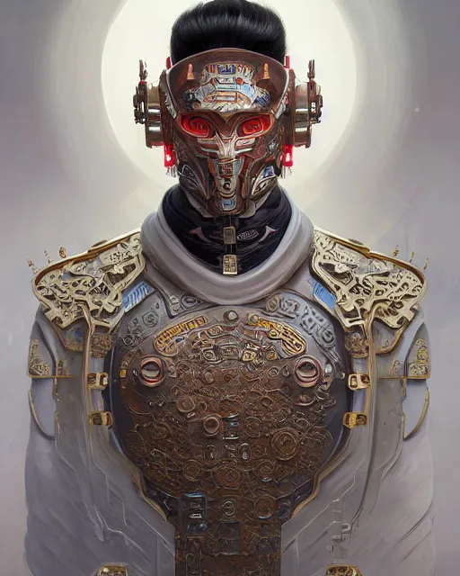 Prompt: portrait of a chinese masculine male cyberpunk machine, machine face, upper half portrait, decorated with chinese opera motifs, muscular, asian, fine china, wuxia, traditional chinese art, intricate, elegant, highly detailed symmetry headpiece digital painting artstation concept art smooth sharp focus illustration, art by artgerm and greg rutkowski alphonse mucha 8 k