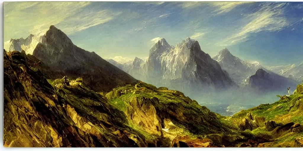 Prompt: alps landscape, caspar david friedrich, turner, thomas cole