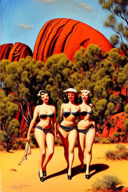 Image similar to 1940s group of pinup bikini girls walking around 1940s Ayers Rock, Uluru, in Australia, oil painting, by Gil Elvgren