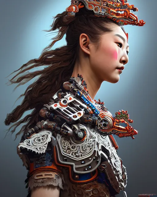 Image similar to portrait of a machine from horizon zero dawn, machine face, upper body, decorated with chinese opera motifs, asian, traditional chinese art, intricate, elegant, highly detailed, digital painting, artstation, concept art, smooth, sharp focus, illustration, art by artgerm and greg rutkowski and alphonse mucha, 8 k