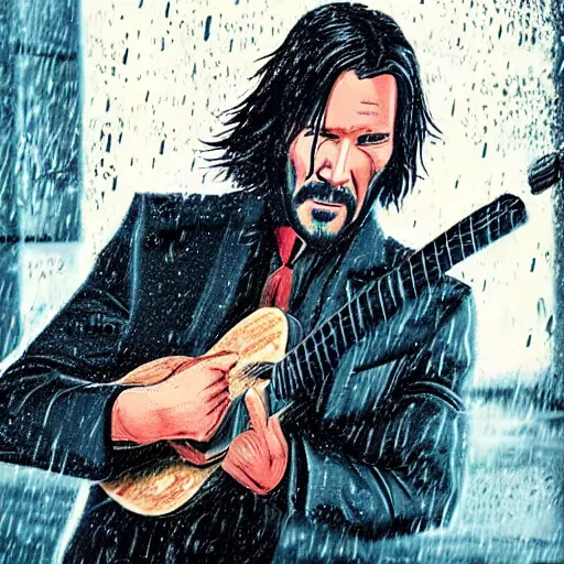 Image similar to john wick playing a guitar in the rain, photorealistic, realistic, dramatic, cinematic, photography