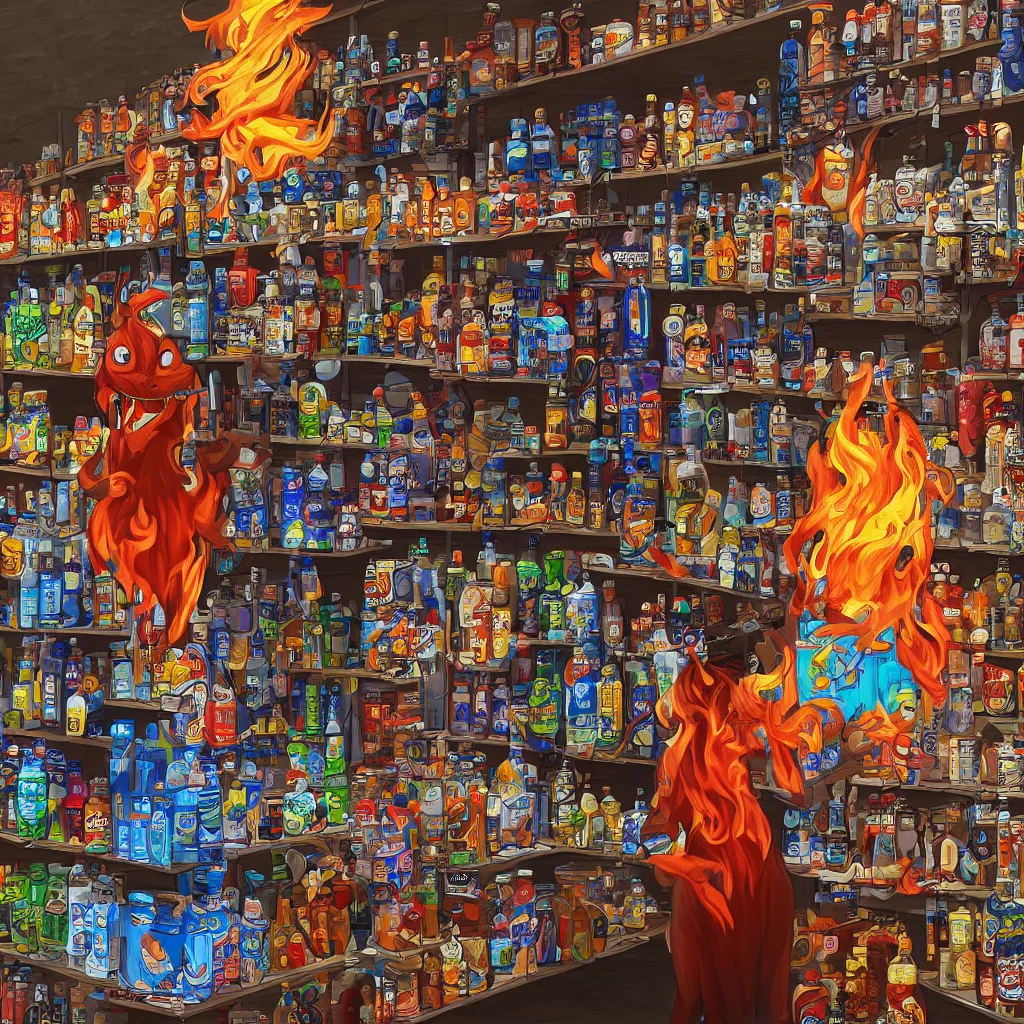 Prompt: a fire spirit in a store contemplating which brand of water to buy while shopping, 4k digital art, highly detailed