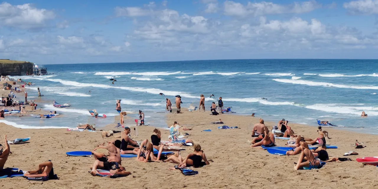 Prompt: panoramic image of a beach scene, surfers relaxing after a fun day of surfing