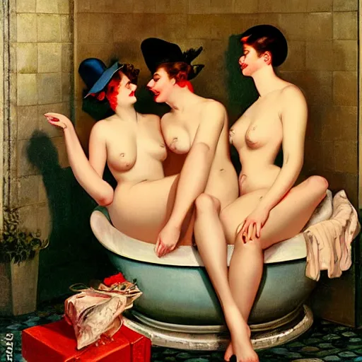 Prompt: three friends in a tub, art by edward mason eggleston, olivia, coby whitmore, rolf armstrong, wlop