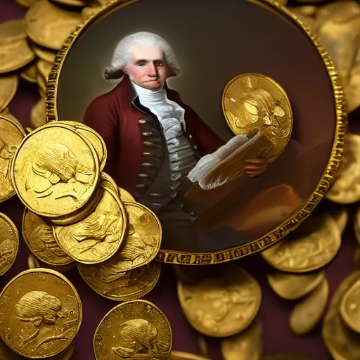 Image similar to a closeup photorealistic photograph of a happy George Washington inspecting small gold Doubloon coins at his home on Cherry Street. This 4K HD image is Trending on Artstation, featured on Behance, well-rendered, extra crisp, features intricate detail and the style of Unreal Engine.