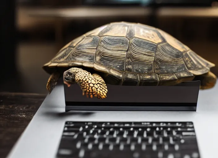 Prompt: photo still of a tortoise working on a laptop, 8 k, studio lighting bright ambient lighting key light, 8 5 mm f 1. 8