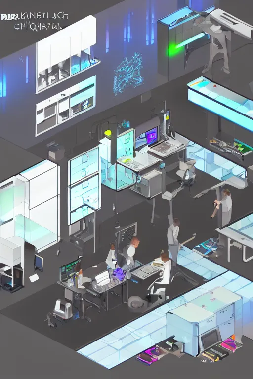 Prompt: dark isometric tech lab with shiny holographic control panels and a lizard scientist operator