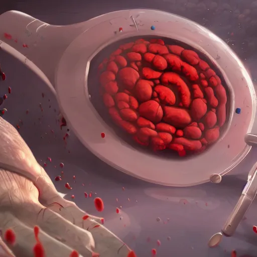 Image similar to a human leukocyte steamed dish phagocytosing red blood cells, highly detailed, digital painting, artstation, concept art, movie still, smooth, sharp focus uhd 8 k, cell cover style