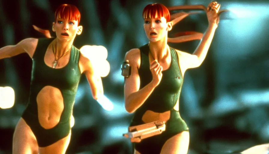 Image similar to The matrix, LeeLoo, Starship Troopers, Katniss Everdeen, 1960's Olympics footage, hurdlers in a race with robotic legs, intense moment, cinematic stillframe, backlit, The fifth element, vintage robotics, formula 1, starring Geena Davis, clean lighting