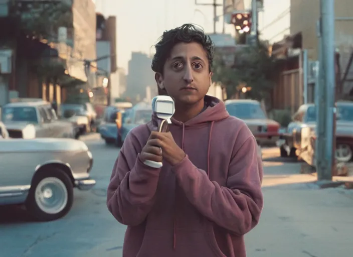 Prompt: First Official image from Cardboard, new drama film directed by Spike Jonze starring Tony Revolori as a Philadelphia b-boy in 1990 in the streets at dawn, shot on Kodak Vision 200T, stunning cinematography, light diffusion, film grain, 8k print.