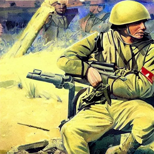 Image similar to Putin is sitting in the trenches and defending himself from Ukrainian troops, Retro futuristic painting style