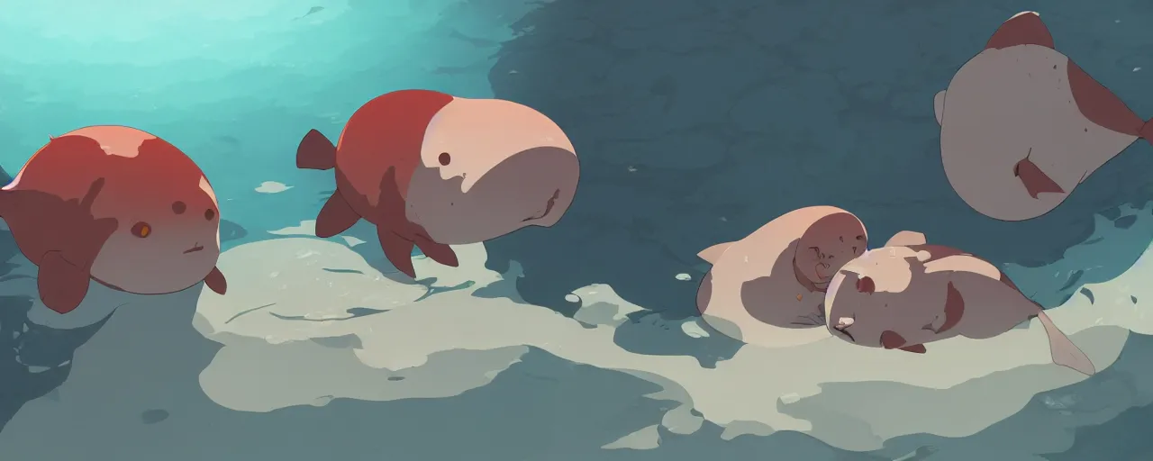 Prompt: piranhas devouring a baby harp seal, blood in the water, atey ghailan, goro fujita, studio ghibli, rim light, dark lighting, clear focus, very coherent